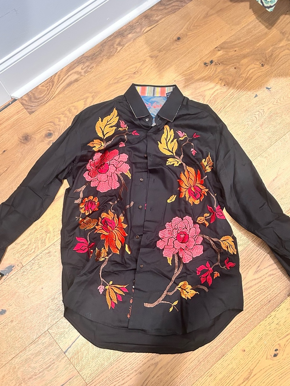 VINTAGE Robert Graham Black Dress Shirt with Pink, Red and Yellow Floral
